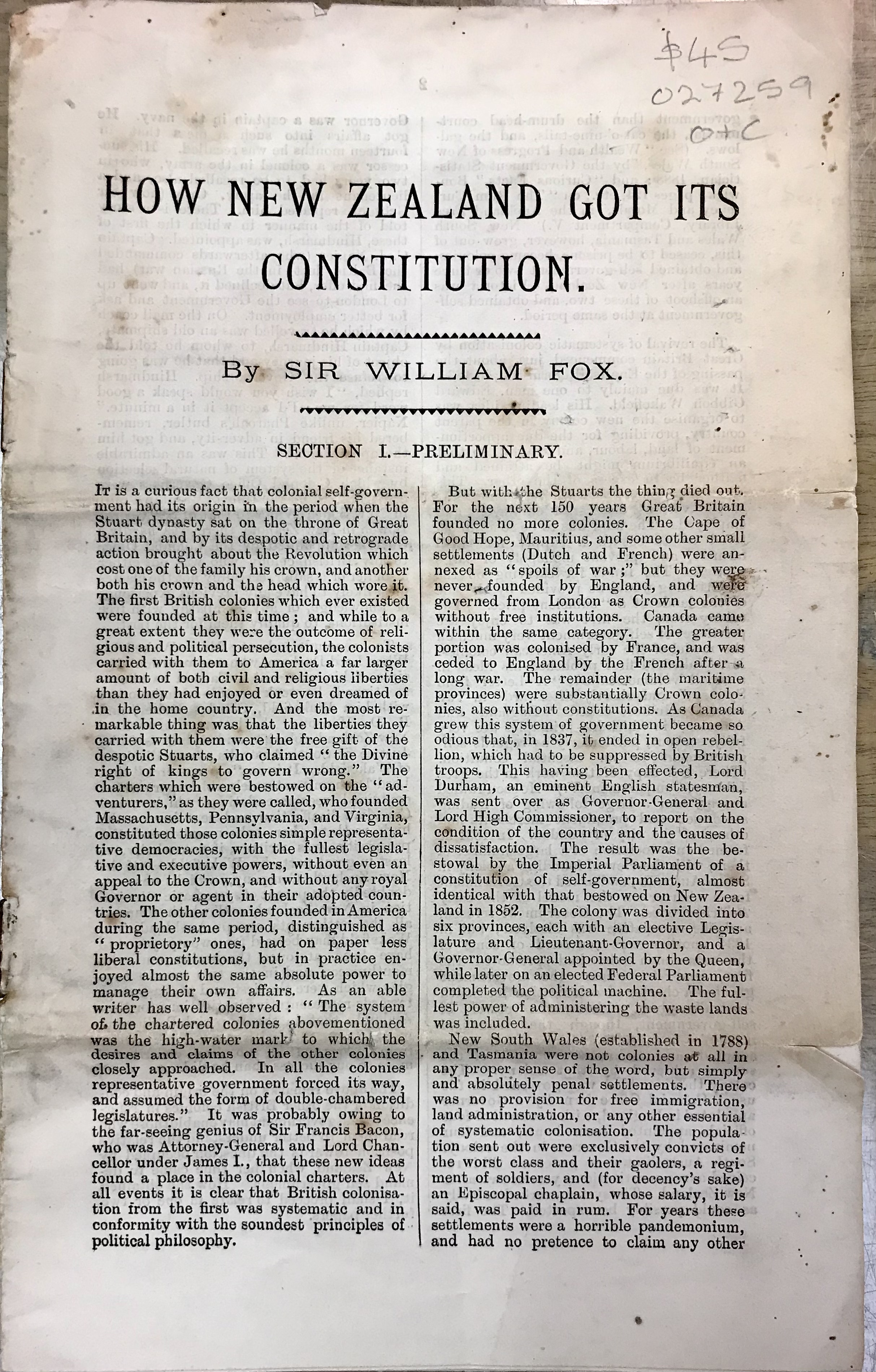 How New Zealand Got Its Constitution - Fox, William (Sir)